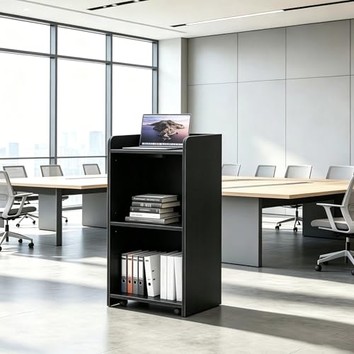 aboxoo Portable Podium Stand with Wheels (Black) – 41.3" High, 22.5" x 14.5" Desktop, Adjustable Shelf, Locking Casters