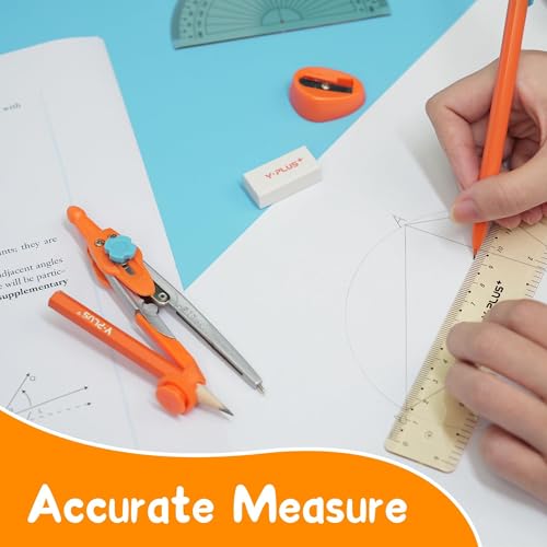 YPLUS Geometry Set for Students, Math Protractor Compass with Rulers Mechanical Pencil, Box of Protactors Kit for Class Supplies and School Kids Toddler - 12 Pcs, Back to School Supplies for Kids