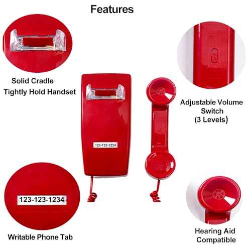 2554 No Dial Wall Phone with Metal Ringer, No Dialpad Wall Telephone,No AC Power Required, Wall Mount No Dial Phone, Wall Telephone Without Keypad for Hotel, Kitchen,Home,Bar, Garage, Red