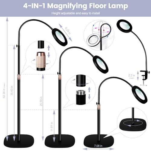 10X Magnifying Glass with Light and Stand,NUEYiO 3-Color Stepless Dimmable LED Magnifying Floor Lamp, 24" Gooseneck Adjustable Swing Arm Lighted Magnifier Lamp with Clamp for Reading Craft Esthetican