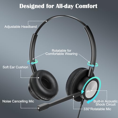 MKJ Cisco Telephone Headset with Microphone Noise Cancelling, Wired Headphone for Call Center Office, Dual Ear Phone Headset with RJ9 Jack for Cisco 7861 7942G 7945G 7960 7961G 7962G 8841 8861 9971