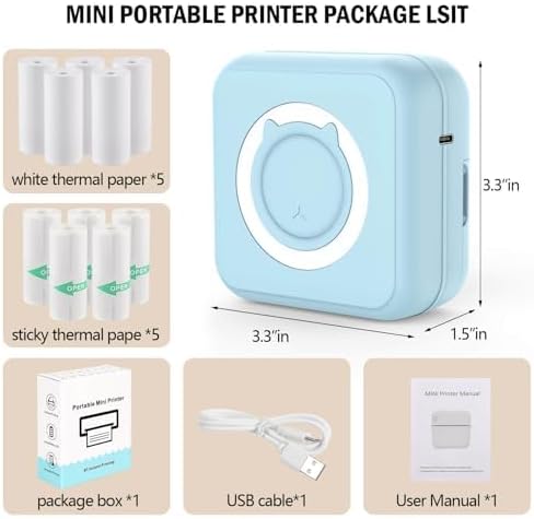 Skiennix Mini Bluetooth Printer - Wireless Sticker Printer with 10 Rolls of Paper for iPhone/Android