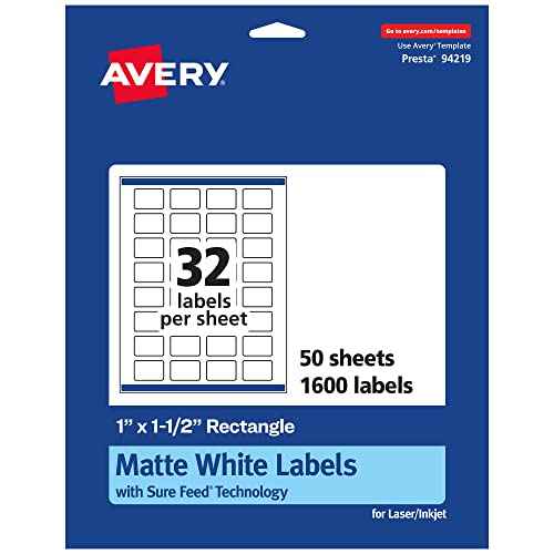 Avery Matte White Rectangle Labels, Sure Feed Technology, 1" x 1.5", 1,600 Matte White Printable Labels