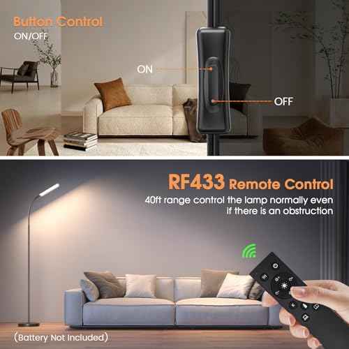 Floor Lamp, Bright 18W LED Standing Lamps for Living Room, Remote Stepless Adjustable Color and Brightness Dimmable with ON/Off Switch, Gooseneck Reading Lights for Bedroom Office, 1300LM Black