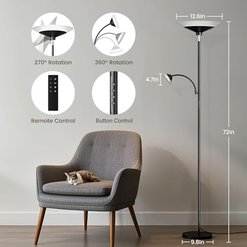 SIBRILLE Black 2-in-1 Dimmable Torchiere Floor Lamp with Remote & Touch Control