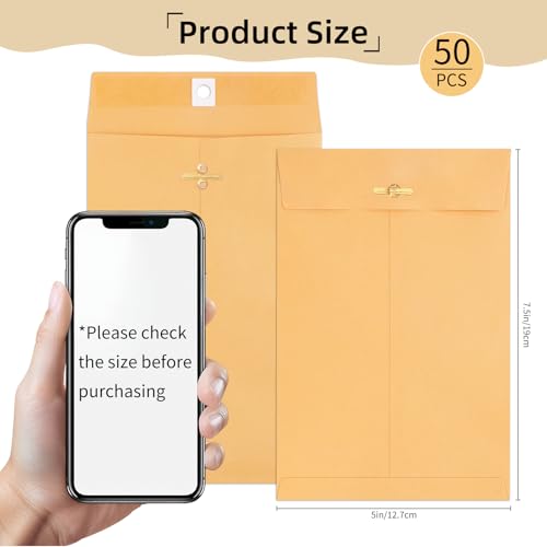 Yellow 5x7.5 Inch Manila Clasp Envelopes - 50 Pack, Kraft Paper with Metal Clasp & Gummed Seal, Office & Mailing Use