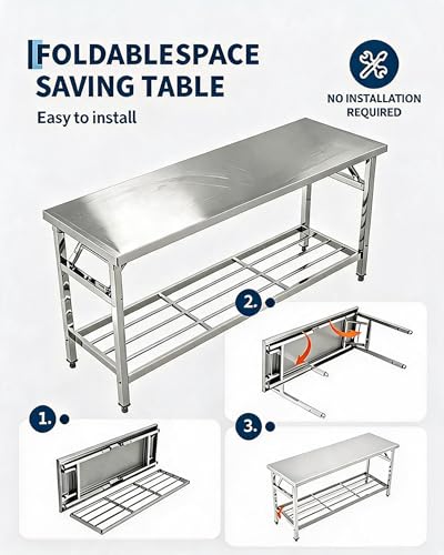 Garvee 48x24 Inch NSF Stainless Steel Folding Prep Table with Undershelf – Heavy-Duty Mobile Work Station