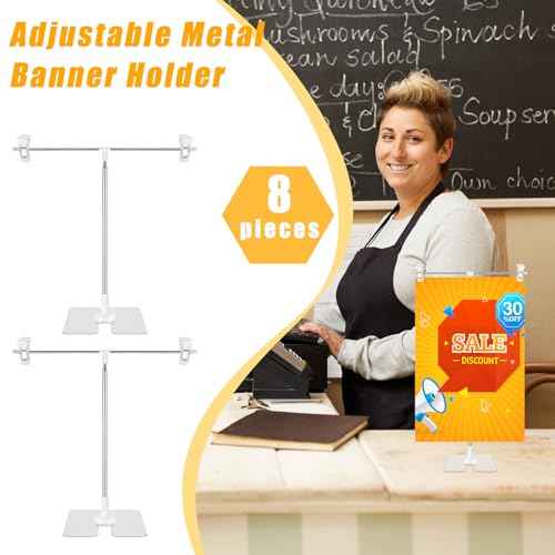 Dunzy 8 Pack Adjustable 11 in - 36.6 in High Metal Banner Holder Table Top Banner Display Poster Stand T Shaped Stand Desktop Business Poster Holder Advertising Display Sign Indoor Outdoor