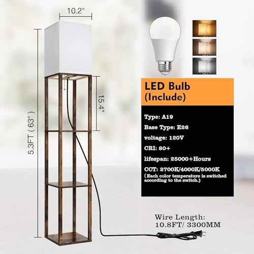 Floor Lamp with Shelves, Modern Wood Standing Shelf Lamp with 3 CCT LED Bulb and White Shade for Living Room Bedroom and Office Deco-Brown