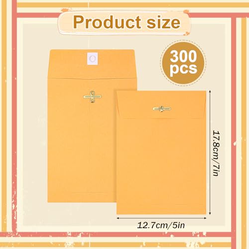 300 Pcs 5x7 Inch Manilla Envelopes with Gummed Clasp Closure - Reinforced, Secure Seal