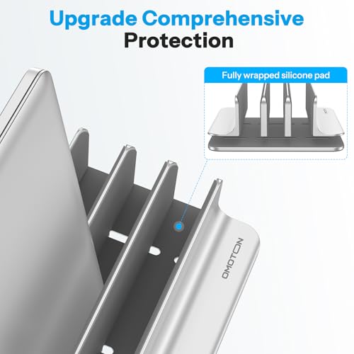 OMOTON 3-Slot Vertical Laptop Stand, Desktop Aluminum Stand for MacBook with Adjustable Dock Size, Fits All MacBook, Surface, Chromebook and Gaming Laptops (Up to 17.3 inches), Bright Silver