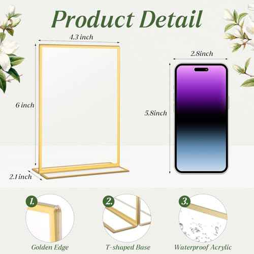20 Pack Gold Acrylic Sign Holders 4x6 Inch, Double Sided Vertical Stand Clear Picture Frames, Table Menu Display Holders for Wedding Table Numbers, Restaurant Signs, Party and Office Photos