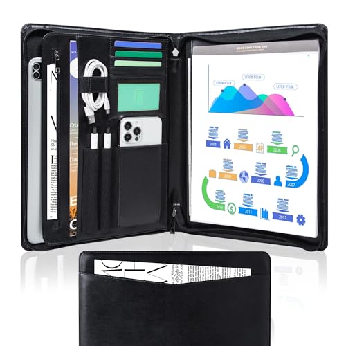 Calfinder Vegan Leather Business Padfolio with Zipper, Professional Padfolio for Women,Leather Portfolio for Men,Portfolio Binder for Ipad,Document and Resume,Personalized Gifts