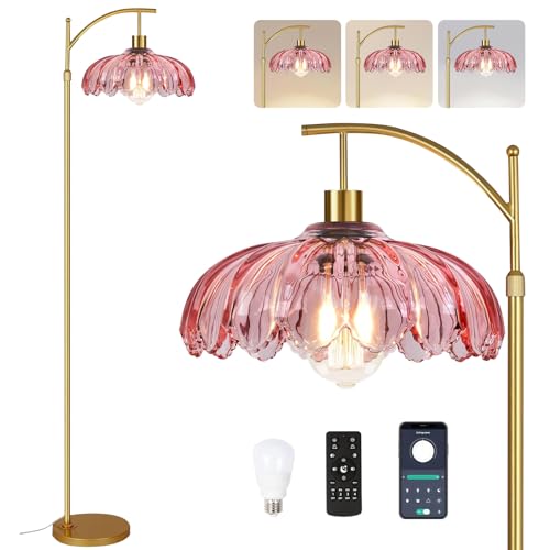 QIYIZM Pink Floor Lamp 4 - Dimmable Tall Arc Lamp with Remote & Adjustable Height, Mid Century Modern Boho Brass Lighting for Living Room & Bedroom
