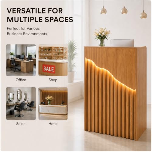 Oak Finish DYRABREST Modern Reception Desk with Locking Drawer & LED Light, 37.8in