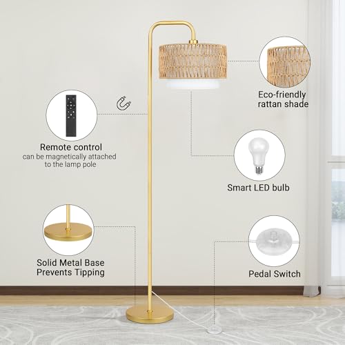 PARTPHONER Gold Floor Lamp for Living Room, Farmhouse Tall Lamp with 3 Color Temperatures Remote & Dimmable Bulb, Boho Lamp Rattan and Fabric Shades Bedroom Study Room Office Hotel