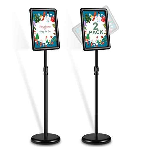 JACNITAD 2 Pack Adjustable Sign Holder Stand with Base, 8.5 x 11 Inch Vertical and Horizontal View Sign Displayed, Snap Open Frame for School Store Business Advertise Show Christmas Decor, Black