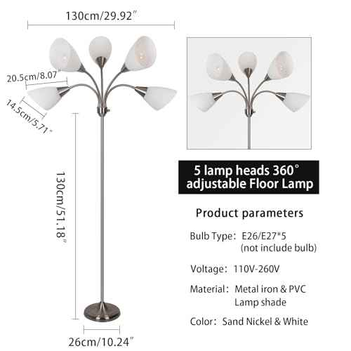 HonoDing Medusa Floor Lamps Standing Lamps 5 Heads Adjustable Reading Light Large Shade Use E26 A19 Bulb Floor Lamps for Living Room Bedroom (Satin Nickel)