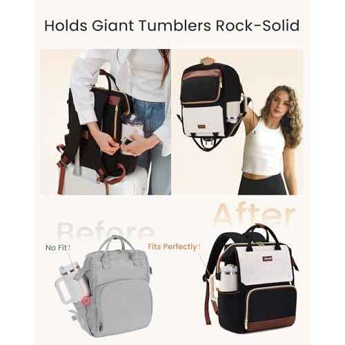 LOVEVOOK Laptop Backpack for Women with Giant Tumbler Holder Pocket, 15.6 inch Travel Work Backpack Purse for Nurse Teacher, Waterproof School Bag College Bookbag Cute Casual Daypack for Girls Black