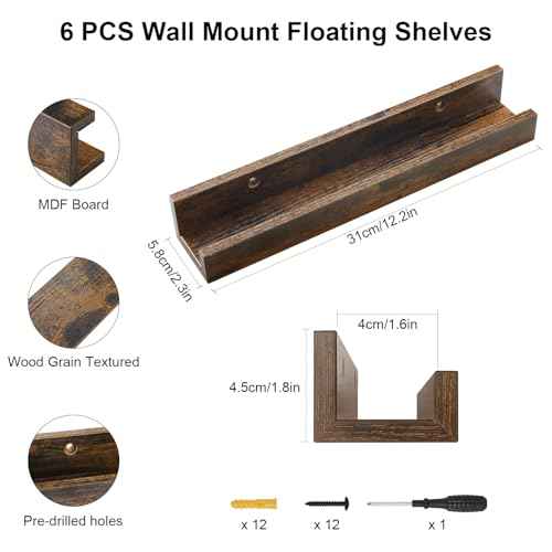 Vinyl Record Shelf Wall Mount, 6 Pack 12 inch Album Record Holder Display, Wood Floating Shelves for Wall Decor, Album Shelves, Kids Bookshelf, Magazine Rack, Walnut