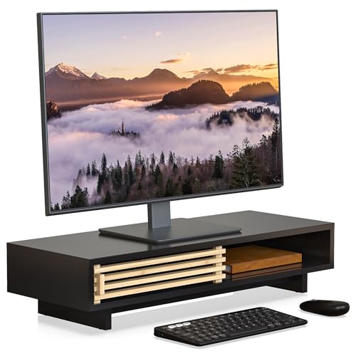 Monitor Stand Riser with Sliding Door, Computer Laptop Stand Desk Shelf Organizer with Storage (Black + Natural Bamboo, 25 Inch)