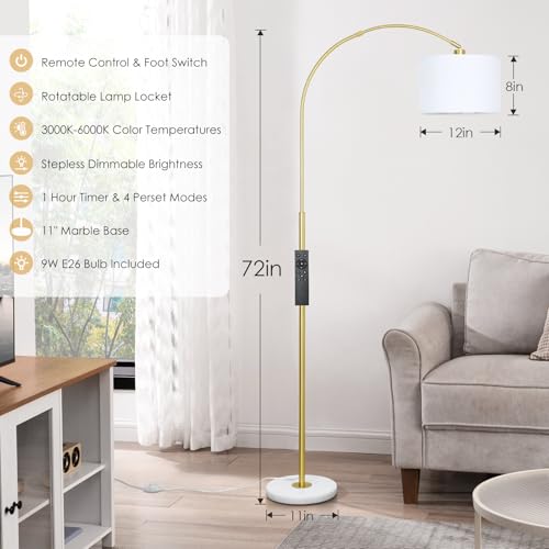 Arc Floor Lamp with Remote, Modern Standing Lamp for Living Room with Stepless Dimmable Bulb, Drum Shade, Foot Switch, Tall Floor Lamp for Farmhouse Bedroom Night Stand (Gold)