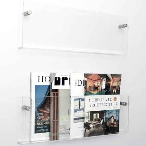 2 Pack Clear Acrylic Magazine Holder, Wall Mount Hanging Bookshelf Literature Storage Rack, Brochure File Display Shelf for Waiting Room, Living Room, Office, Home