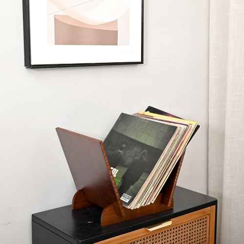SwallovLiving Wooden Vinyl Record Holder, Flip Display Vinyl Record Storage Stand, Wood Tabletop Recorderholder Elegant Design for 40 Music Albums