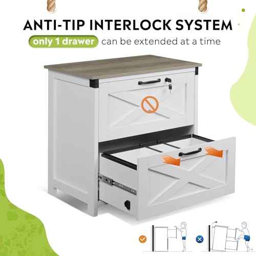 DEVAISE 2 Drawer Farmhouse File Cabinet with Lock, Lateral Filing Cabinet for Letter/Legal/A4 Size, Wood Printer Stand for Home Office, White