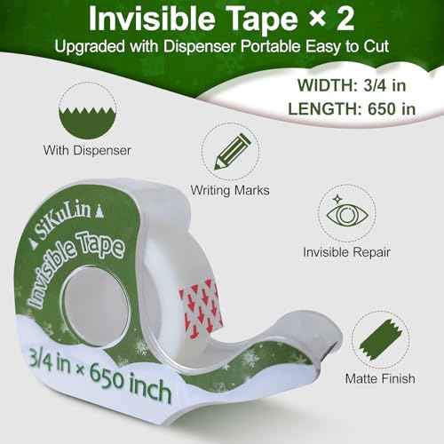 Tape,Gift Wrapping Tape, 6 Rolls with Dispensers, Includes Invisible, Double-Sided and Clear Tape for Wrapping Paper, Back to School, Home, Office, Christmas, Holiday