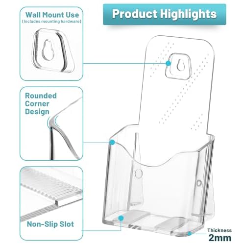 Brochure Holder Stand, 6 Pack 4 inches Acrylic Pamphlet Display Stand Wall Mount/Countertop, Clear Plastic Trifold Rack Card Holder for Organizer Flyer, Leaflets, Document, Literature