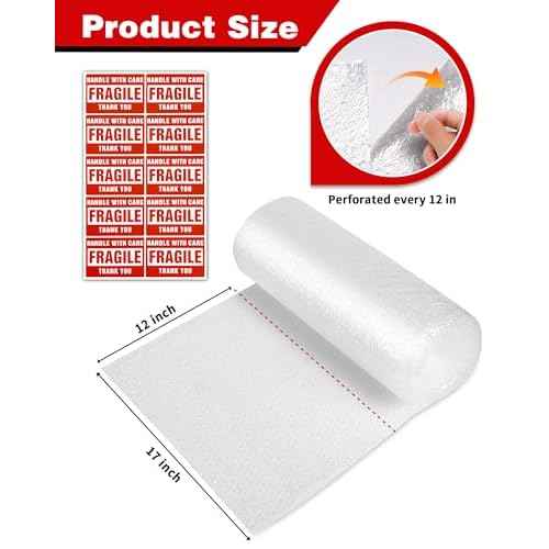 2-Pack Bubble Cushioning Wrap Rolls, 3/16" x 17" x 72' ft Total, Perforated 12" 20 Fragile Stickers for Shipping, Packaging, Mailing