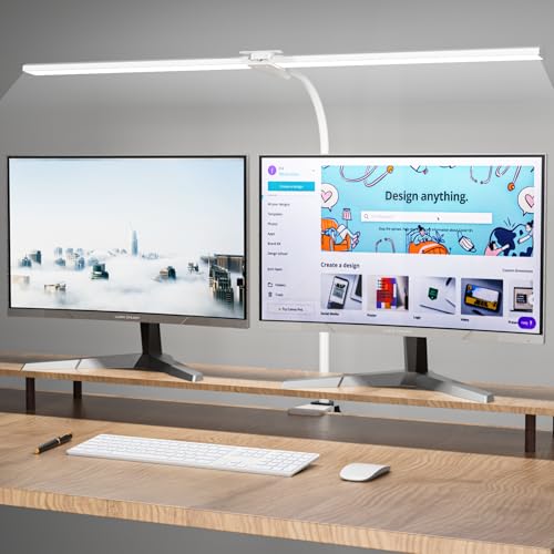 LED Desk Lamp, 31.5'' Wide Double Head Desk Lamps for Home Office, Dimmable 25 Lighting Modes 16W 1800lm Bright Desk Lighting, Eye Caring Architect Table Lamp for Workbench Monitor Study, White