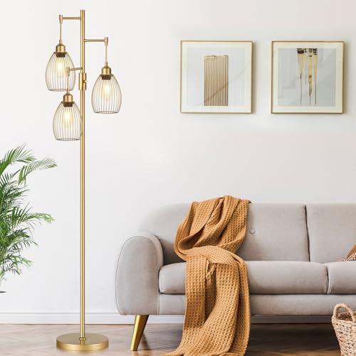 Torondo Dimmable Floor Lamp, Industrial Floor Lamps for Living Room, Gold Tree Lamp Standing Lamp Tall Lamps with 3 Elegant Teardrop Cage Head & 800 Lumens LED Bulbs for Living Room Bedroom Office