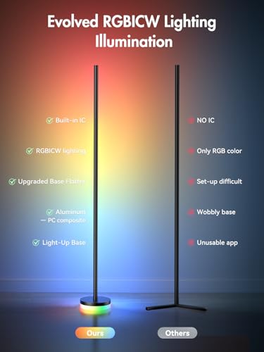 OIYN 1 Pack RGBICW LED Corner Floor Lamp with App & Remote Control, Music Sync, 1300lm, Modern Standing Light for Bedroom & Living Room