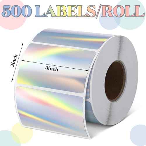 Kosiz 1000 Labels/ 2 Rolls Holographic Thermal Sticker Labels Self Adhesive Printable Thermal Rainbow Stickers for DIY Logo Design Qr Code Name Tag(Holographic Rectangular Style,3" X 2")