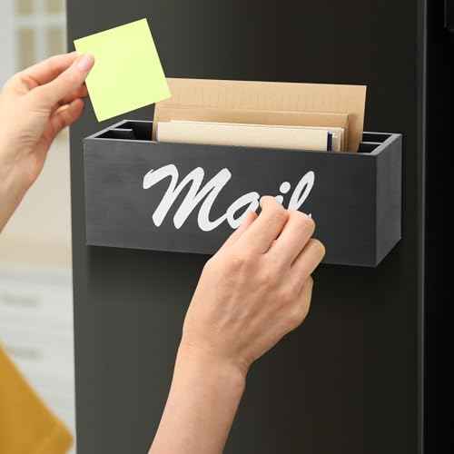 Magnetic Mail Organizer Farmhouse Rustic Mail Holder for Fridge Wood Paper Basket Letter Envelope File Storage Box with 2 Slot for Home Office Metal Cabinet Wall Desk Countertop(Black)