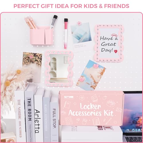 SKYDUE 10-Piece Locker Accessories Kit for Girls - Pink Organizer Set with Mirror, Whiteboard & Stickers