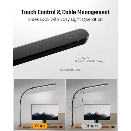 SUPERDANNY Eye-Caring LED Desk Lamp 360¡Æ Flexible Gooseneck Work Lamp with Desk Side Clamp Touch Control 3 Light Colors Smooth Dimming Task Lighting Reading Light for Home Office College Dorm, Black