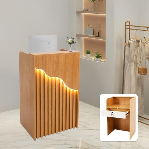 Oak Finish DYRABREST Modern Reception Desk with Locking Drawer & LED Light, 37.8in