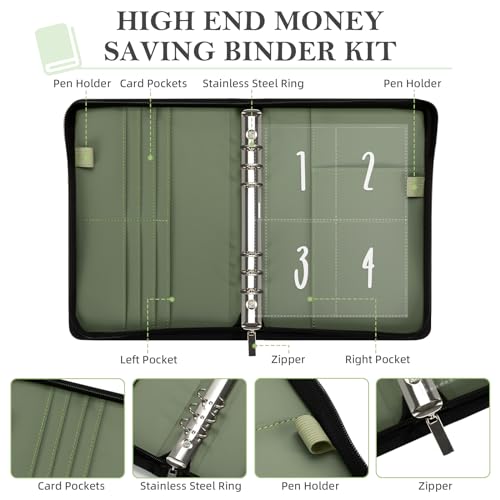 Green Leather Money Saving Challenge Binder with Envelopes - 52 Weeks Budget Planner