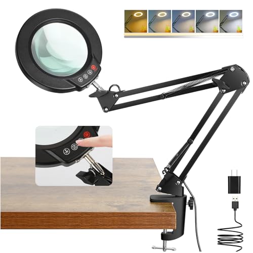 Coyeth 10X Magnifying Glass with Light & Clamp - Black Desk Lamp for Crafts & Reading