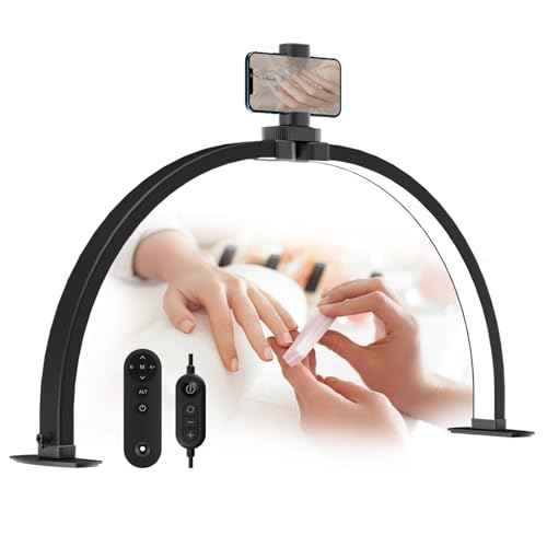 LASTAR Half Moon Light for Nail Desk, 29.9 Inch Foldable Nail Lamp for Desk with Phone Holder, Remote Control/3 Color Temperature/10 Brightness Nail Table Lamp, Black, DL028