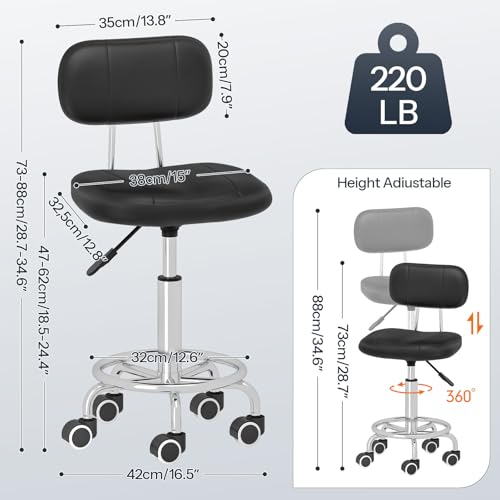 Hoobro height-adjustable rolling stool with backrest, 360° swivel drafting chair for office, salon, bar, PU leather