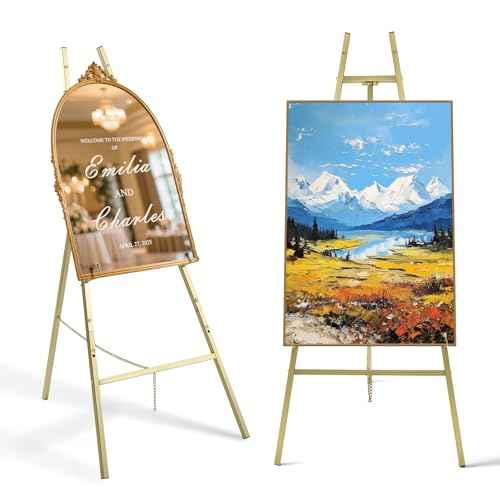 Gold Easel Stand for Sign- 4 Tier Heavy Duty Metal Display Easel Stand for Paintings, Posters, Wedding Show,Pictures, Welcome Signs,with Adjustable Chain Easel for Wedding Sign