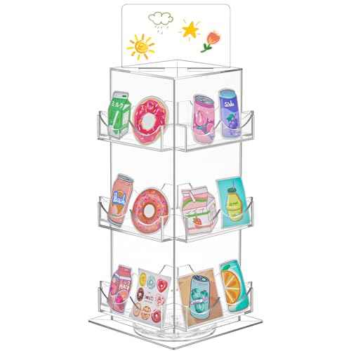 Marsui 3 Tier Rotating Sticker Display Stand, 4 Sided Sticker Holder, 360¡Æ Rotating No Assembly Required Clear Acrylic Sticker Holder for Vendors, Retail, Showcase, Tradeshow, 12.6" x 5.9"