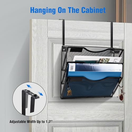 BOHDK 3-Tier Black Wall File Organizer, Hanging Mail & Document Rack, Wall & Door Mount