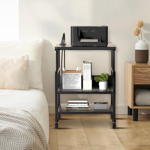 Large Printer Stand with 3-Tier Wood Storage Shelves -Multi-Purpose Desk Organizer- for Printer Scanner Fax Home Office Use with Wheels (Jet Black)