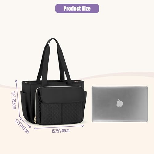 LUXJA Teacher Bag with Accordion File Area and Laptop Sleeve, Teacher Tote Bag for Women (Patent Pending), Black