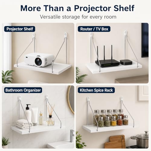 White Mini Projector Shelf No Drill Mount 16×8 Inch - 3 Installation Options